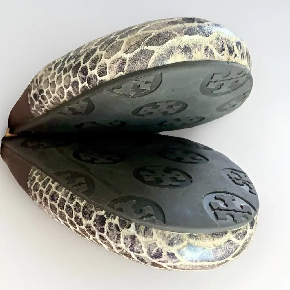 TORY BURCH Leather Snakeskin Ballet Flat Slip-On Shoe Grey Gunmetal Logo WMNS 9 - Picture 8 of 14